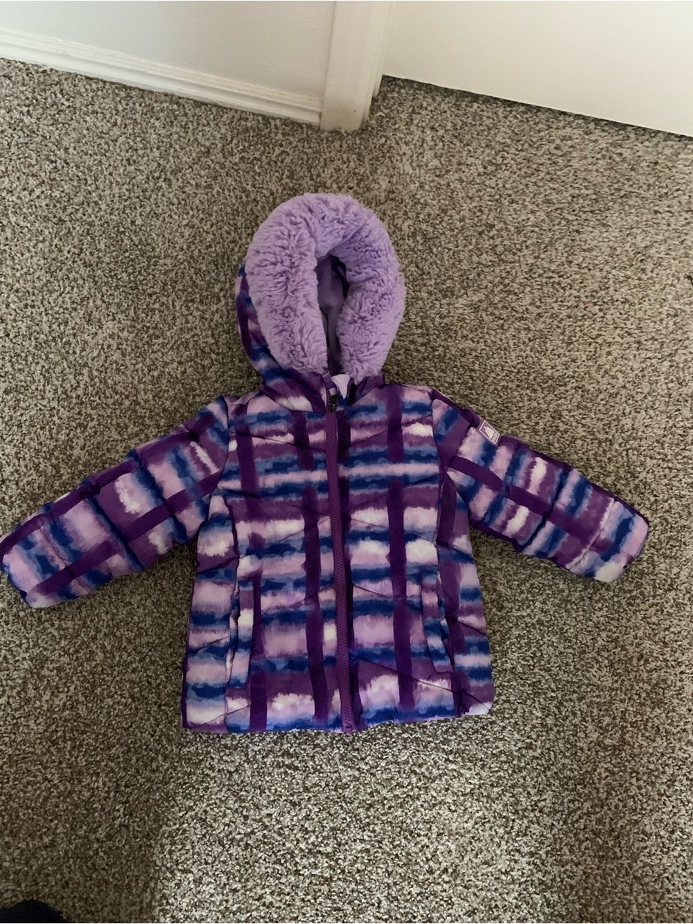Snozu Purple Patterned Puffer Jacket with Plush Hood 3T